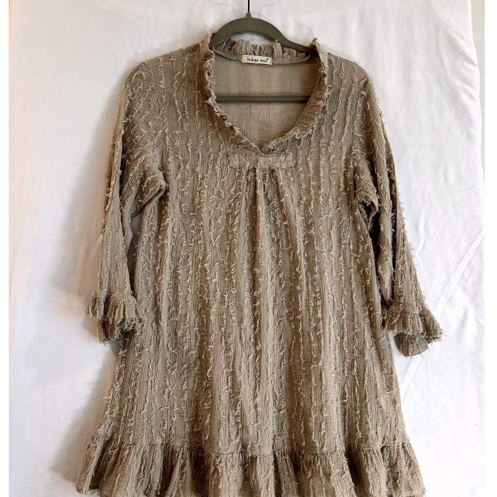 Indigo Soul Taupe Cotton Gauze Frayed Ruffle Tunic Top Bohemian V-Neck Small